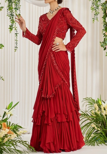 Red Ruffle Saree