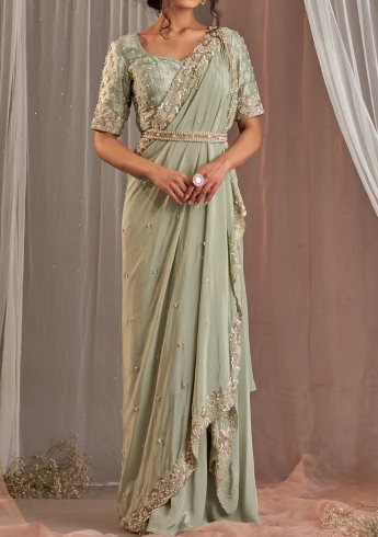 Pastel Green Pre Draped Saree