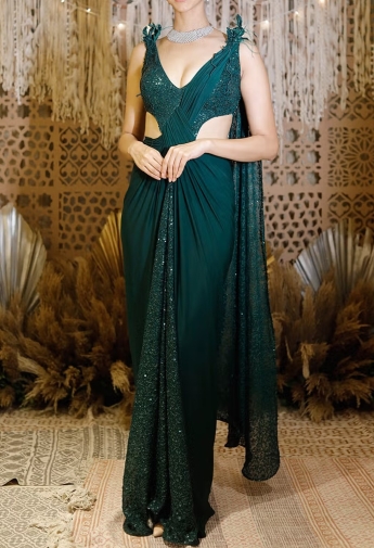 Green Pre Draped Saree