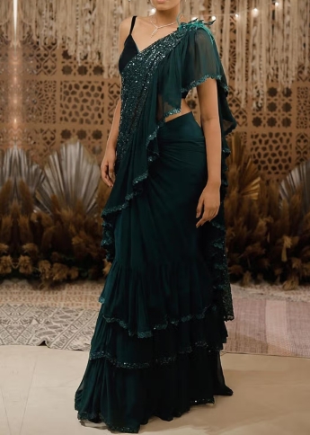 Green Stitched Ruffle Saree