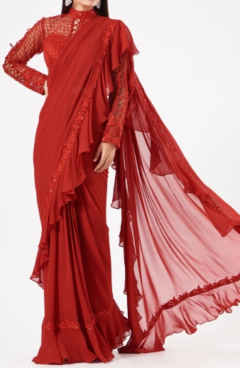 Red Ruffle Saree