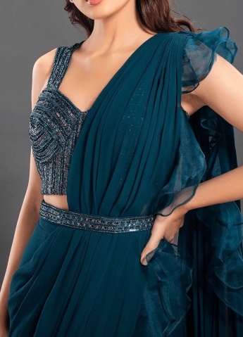 Teal Stitched Ruffle Saree With Belt