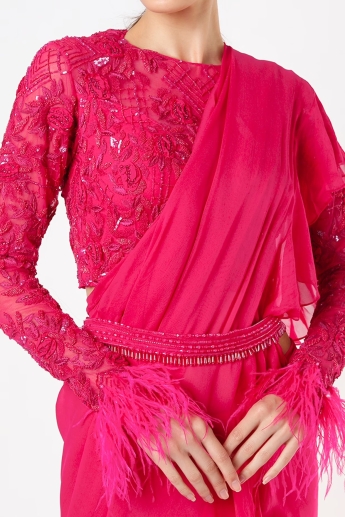 Pink Ruffle Saree With Belt