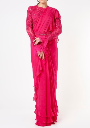 Pink Ruffle Saree With Belt