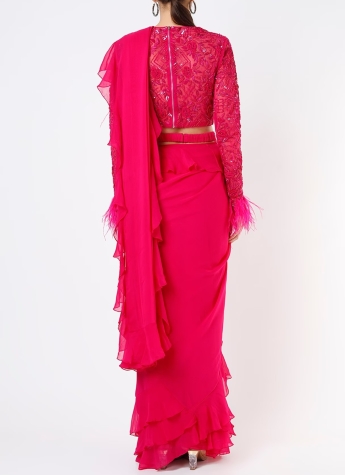 Pink Ruffle Saree With Belt