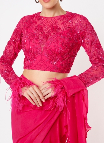 Pink Ruffle Saree With Belt