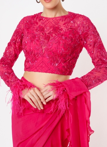 Pink Ruffle Saree With Belt