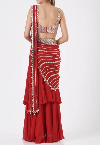 Red Ruffle Saree With Belt