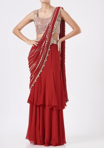 Red Ruffle Saree With Belt