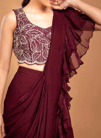 Maroon Sharara Ruffle Saree