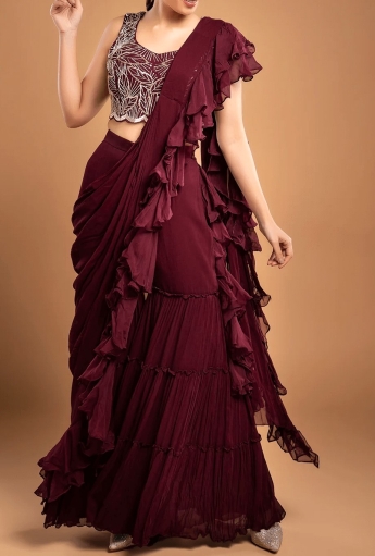 Maroon Sharara Ruffle Saree