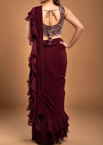 Maroon Sharara Ruffle Saree