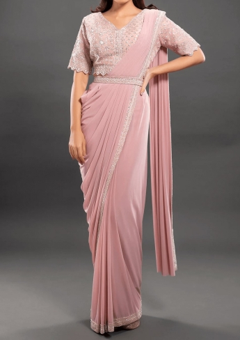 Pink Pre Draped Stitched Saree Set