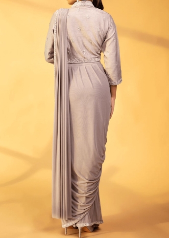 Gray Pre Draped Stitched Saree Set