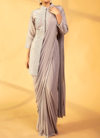 Gray Pre Draped Stitched Saree Set