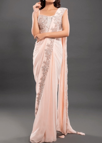 Peach Pre Draped Stitched Saree Set