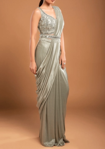 Gray Pre Draped Stitched Saree Set