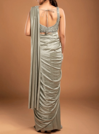 Gray Pre Draped Stitched Saree Set