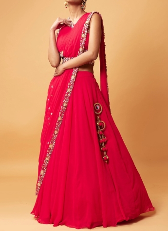 Pink Pre Draped Stitched Saree Set