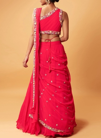 Pink Pre Draped Stitched Saree Set