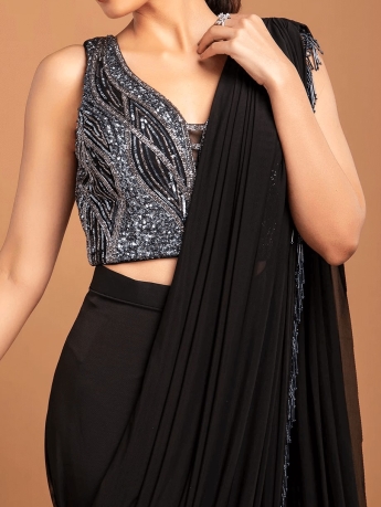 Black Pre Draped Stitched Saree Set