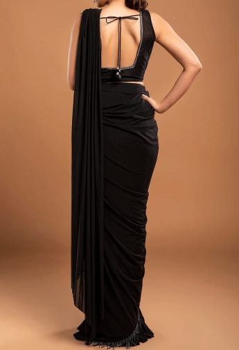 Black Pre Draped Stitched Saree Set