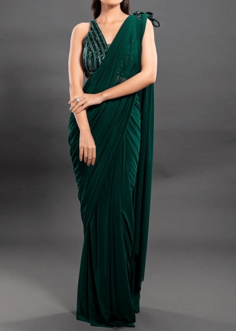 Green Pre Draped Stitched Saree Set