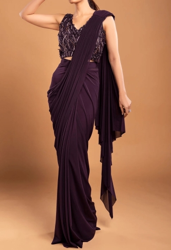 Purple Pre Draped Stitched Saree Set