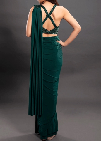 Green Pre Draped Stitched Saree Set