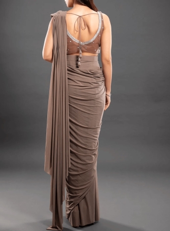 Gray Pre Draped Stitched Saree Set