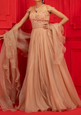 Peach Long Dress With Dupatta