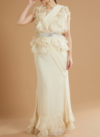 Ivory Ruffle Saree Set