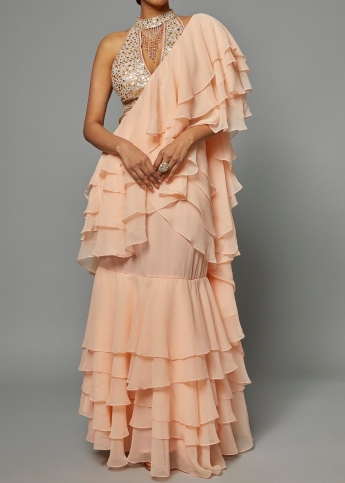 Peach Ruffle Saree Set