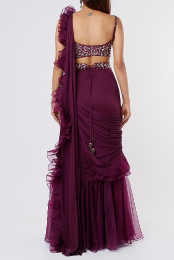 Wine Ruffle Saree Set With Belt