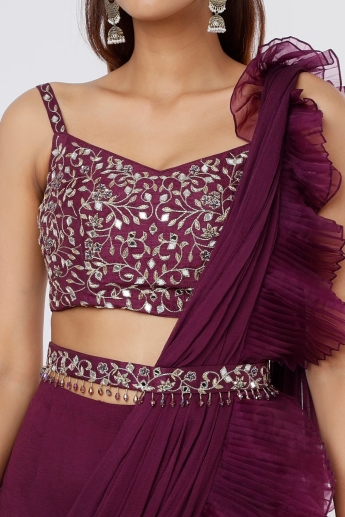 Wine Ruffle Saree Set With Belt