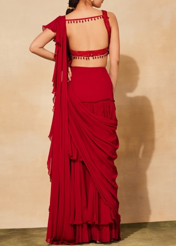 Red Ruffle Saree Set