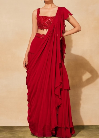 Red Ruffle Saree Set