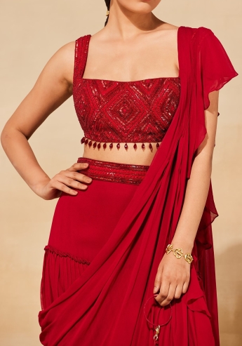 Red Ruffle Saree Set