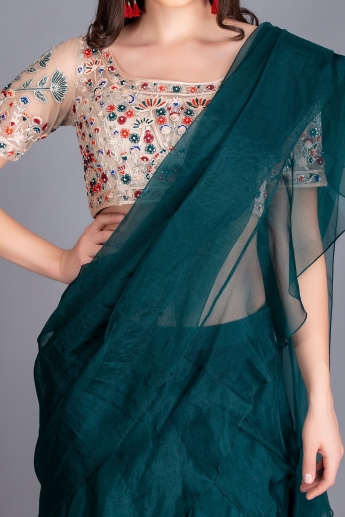 Teal Ruffle Saree Set