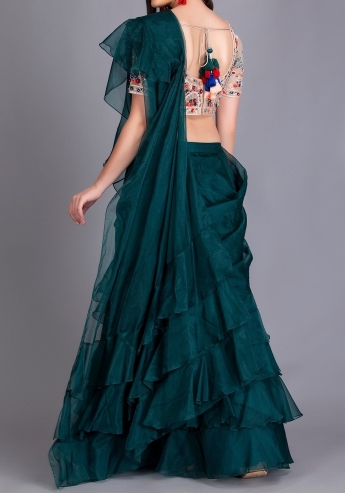 Teal Ruffle Saree Set