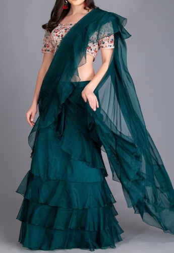 Teal Ruffle Saree Set