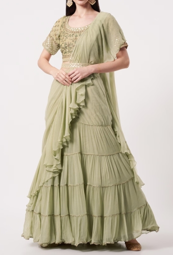 Pastel Green Ruffle Saree Set With Belt