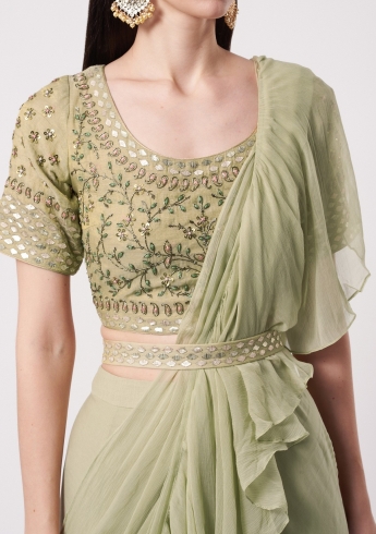 Pastel Green Ruffle Saree Set With Belt