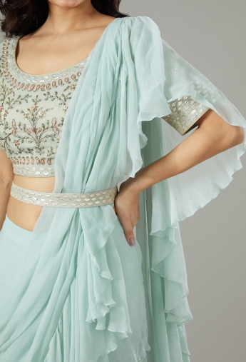 Pastel Blue Ruffle Saree Set With Belt