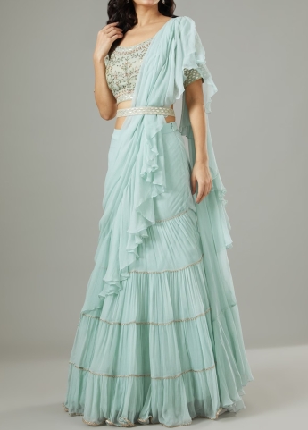 Pastel Blue Ruffle Saree Set With Belt