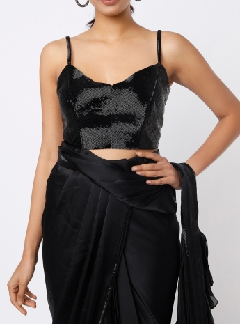 Black Ruffle Saree Set With Belt