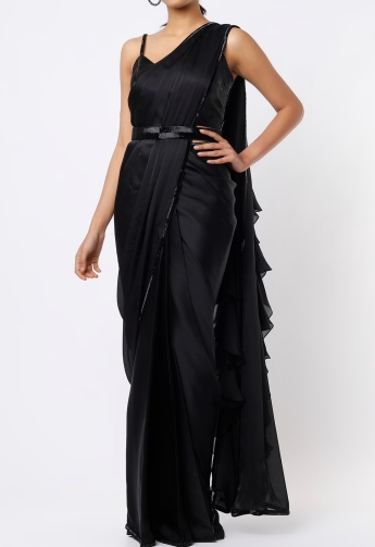 Black Ruffle Saree Set With Belt