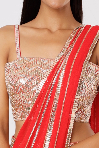 Red Ruffle Saree Set With Belt