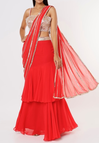 Red Ruffle Saree Set With Belt