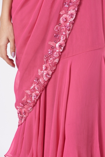 Pink Ruffle Saree Set With Belt